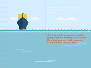 Cargo and vessel limits and other
Marine loss scenario exposures
continue to grow faster than the ability
to respond post-loss.
Will we experience another resulting
surge in serious and total losses when
the global economy picks up speed,
as we did from 2004–2007?
New exposures, such as Cyber and
Political Risk, continue to evolve on a
daily basis.
 