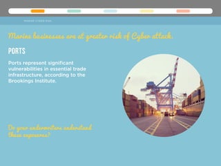 Ports
Do your underwriters understand
these exposures?
Marine businesses are at greater risk of Cyber attack.
MARINE CYBER RISK
Ports represent significant
vulnerabilities in essential trade
infrastructure, according to the
Brookings Institute.
 