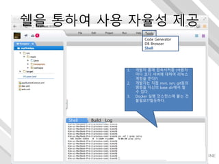 Tools
Code Generator
DB Browser
Shell
ShellShell Build Log
1. 개발자 홈에 접속시켜줌 (사용자
마다 코디 서버에 대하여 리눅스
계정을 준다?)
2. 개발자는 직접 mvn, svn, git등의
명령을 자신의 base dir에서 할
수 있다.
3. Docker 실행 인스턴스에 붙는 건
불필요??할듯하다.
쉘을 통하여 사용 자율성 제공
 