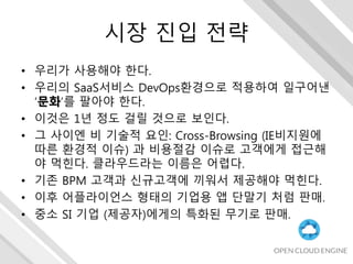 시장 진입 전략
• 우리가 사용해야 한다.
• 우리의 SaaS서비스 DevOps환경으로 적용하여 일구어낸
‘문화’를 팔아야 한다.
• 이것은 1년 정도 걸릴 것으로 보인다.
• 그 사이엔 비 기술적 요인: Cross-Browsing (IE비지원에
따른 환경적 이슈) 과 비용절감 이슈로 고객에게 접근해
야 먹힌다. 클라우드라는 이름은 어렵다.
• 기존 BPM 고객과 신규고객에 끼워서 제공해야 먹힌다.
• 이후 어플라이언스 형태의 기업용 앱 단말기 처럼 판매.
• 중소 SI 기업 (제공자)에게의 특화된 무기로 판매.
 
