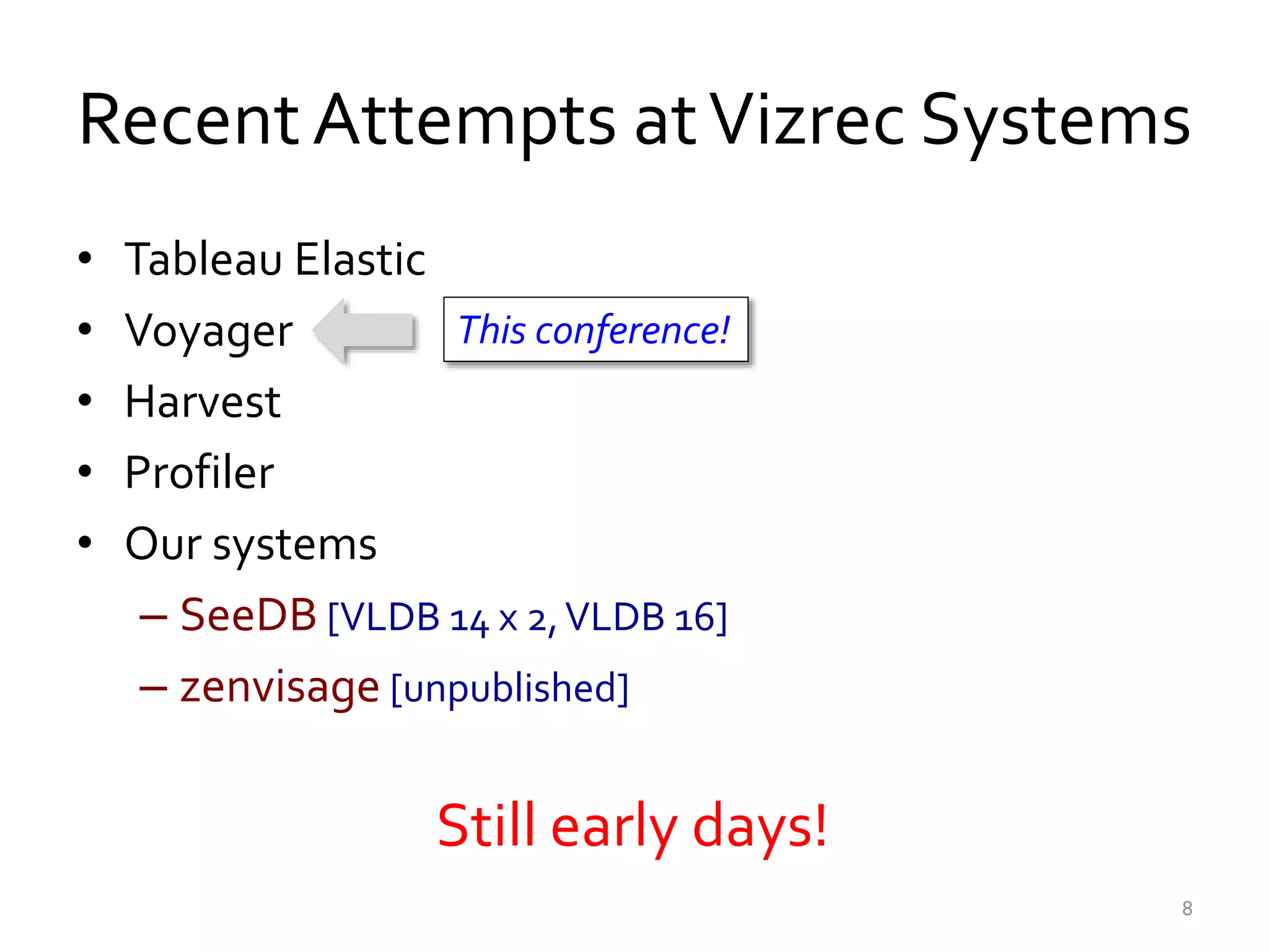 RecentAttempts atVizrec Systems
• Tableau Elastic
• Voyager
• Harvest
• Profiler
• Our systems
– SeeDB [VLDB 14 x 2,VLDB 16]
– zenvisage [unpublished]
This conference!
8
Still early days!
 