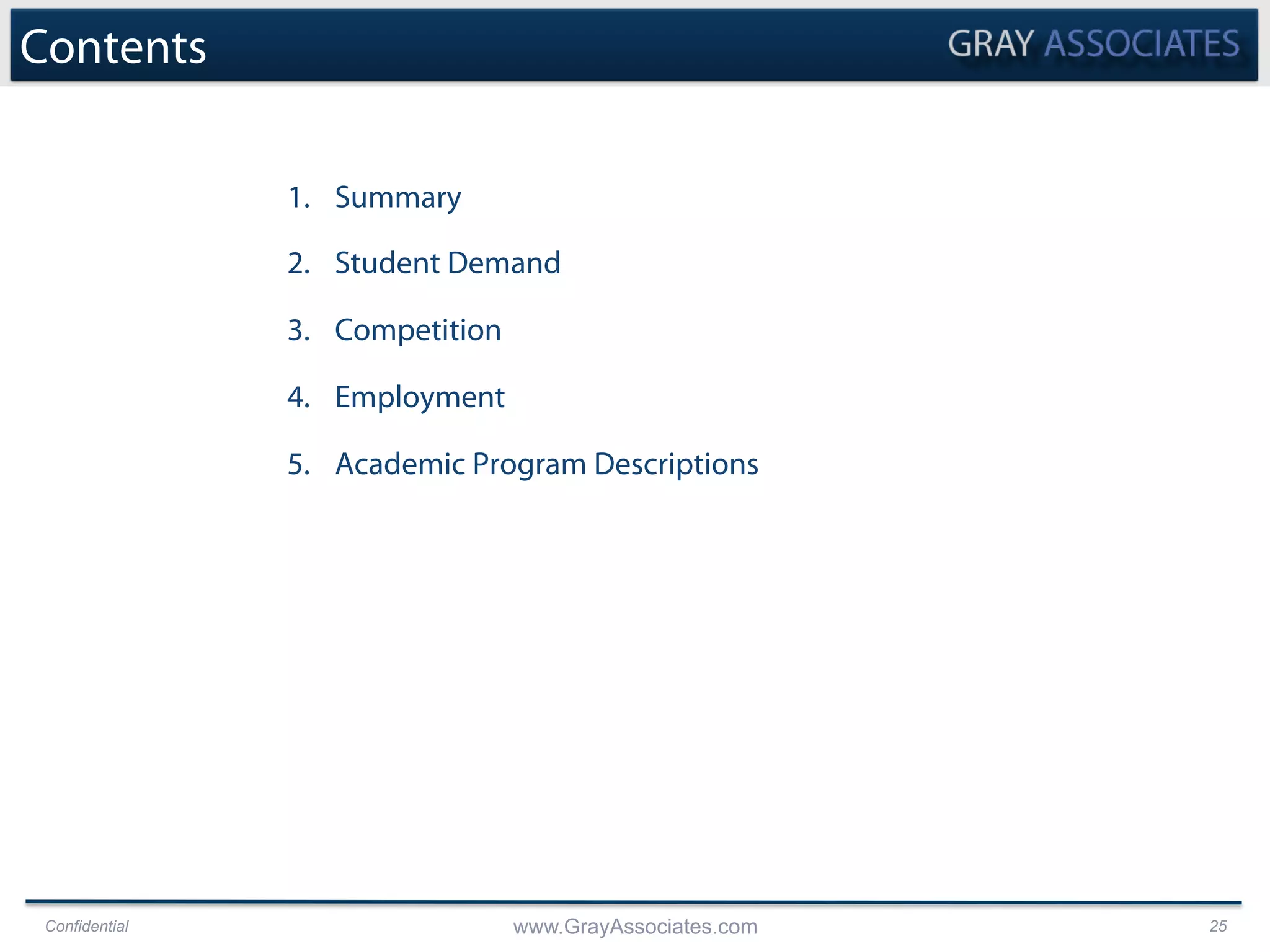 Confidential www.GrayAssociates.com 25
Contents
1.  Summary
2.  Student Demand
3.  Competition
4.  Employment
5.  Academic Program Descriptions
 