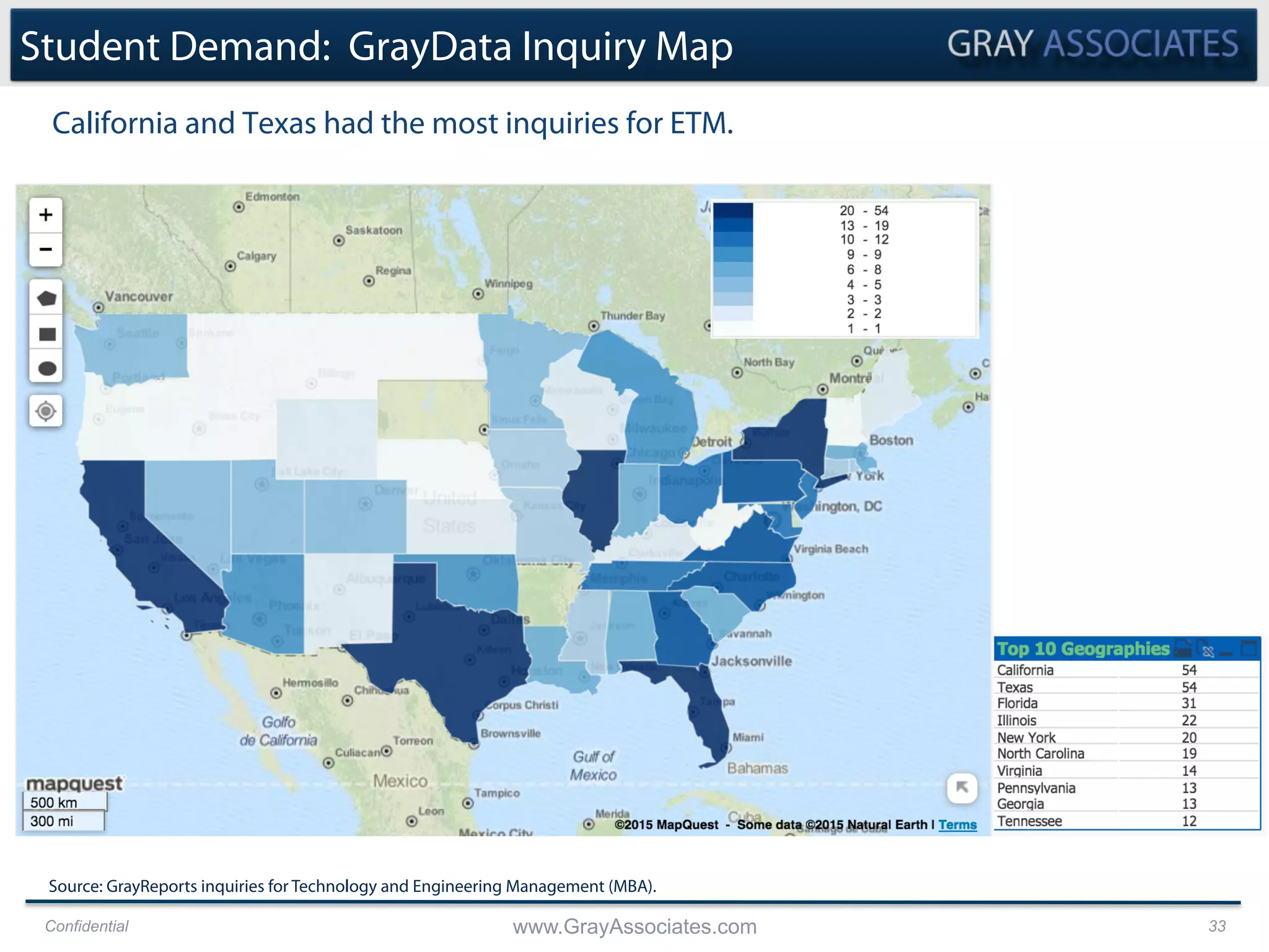 Confidential www.GrayAssociates.com 33
California and Texas had the most inquiries for ETM.
Student Demand: GrayData Inquiry Map
Source: GrayReports inquiries for Technology and Engineering Management (MBA).
 