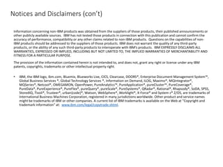 Notices and Disclaimers (con’t)
Information concerning non-IBM products was obtained from the suppliers of those products, their published announcements or
other publicly available sources. IBM has not tested those products in connection with this publication and cannot confirm the
accuracy of performance, compatibility or any other claims related to non-IBM products. Questions on the capabilities of non-
IBM products should be addressed to the suppliers of those products. IBM does not warrant the quality of any third-party
products, or the ability of any such third-party products to interoperate with IBM’s products. IBM EXPRESSLY DISCLAIMS ALL
WARRANTIES, EXPRESSED OR IMPLIED, INCLUDING BUT NOT LIMITED TO, THE IMPLIED WARRANTIES OF MERCHANTABILITY AND
FITNESS FOR A PARTICULAR PURPOSE.
The provision of the information contained herein is not intended to, and does not, grant any right or license under any IBM
patents, copyrights, trademarks or other intellectual property right.
• IBM, the IBM logo, ibm.com, Bluemix, Blueworks Live, CICS, Clearcase, DOORS®, Enterprise Document Management System™,
Global Business Services ®, Global Technology Services ®, Information on Demand, ILOG, Maximo®, MQIntegrator®,
MQSeries®, Netcool®, OMEGAMON, OpenPower, PureAnalytics™, PureApplication®, pureCluster™, PureCoverage®,
PureData®, PureExperience®, PureFlex®, pureQuery®, pureScale®, PureSystems®, QRadar®, Rational®, Rhapsody®, SoDA, SPSS,
StoredIQ, Tivoli®, Trusteer®, urban{code}®, Watson, WebSphere®, Worklight®, X-Force® and System z® Z/OS, are trademarks of
International Business Machines Corporation, registered in many jurisdictions worldwide. Other product and service names
might be trademarks of IBM or other companies. A current list of IBM trademarks is available on the Web at "Copyright and
trademark information" at: www.ibm.com/legal/copytrade.shtml.
 