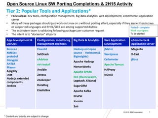© 2015 IBM Corporation 7
Open Source Linux SW Porting Completions & 2H15 Activity
App development &
DevOps
Configuration, monitoring
management and tools
Big Data & Analytics Web Application
Development
eCommerce &
Application server
Xerces-c
XMLSec
protobuf
Doxygen
ANTLR
Maven
Apigility
.Net
Node.js extended
components
Jenkins
Fluentd
SaltStack
cAdvisor
virt-install
Ansible
Zenoss
Zookeeper
DataDog
ElasticBox
Hadoop not open
source - Veristorm &
BigInsights)
Apache Hadoop
HortonWorks
Apache SPARK
ELK (Elasticsearch,
Logstash, Kibana)
SugarCRM
Apache Kafka
DruPal
Joomla
Solr
jMeter
Wordpress
Ceilometer
Apache Tomcat
HAProxy
NGNIX
Magento
X-Cart
jBoss
Ported - complete
Work in progress
To be started
Tier 2: Popular Tools and Applications*
• Focus areas: dev tools, configuration management, big data analytics, web development, ecommerce, application
server
• Many of these packages should just work on Linux on z without porting effort, especially if they are written in Java
or supported languages and RHEL/SLES are among supported distros.
• The ecosystem team is validating following packages per customer request
• The intent is to “dockerize” all ports
* Content and priority are subject to change
 
