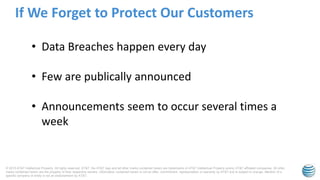 © 2015 AT&T Intellectual Property. All rights reserved. AT&T, the AT&T logo and all other marks contained herein are trademarks of AT&T Intellectual Property and/or AT&T affiliated companies. All other
marks contained herein are the property of their respective owners. Information contained herein is not an offer, commitment, representation or warranty by AT&T and is subject to change. Mention of a
specific company or entity is not an endorsement by AT&T.
If We Forget to Protect Our Customers
• Data Breaches happen every day
• Few are publically announced
• Announcements seem to occur several times a
week
 
