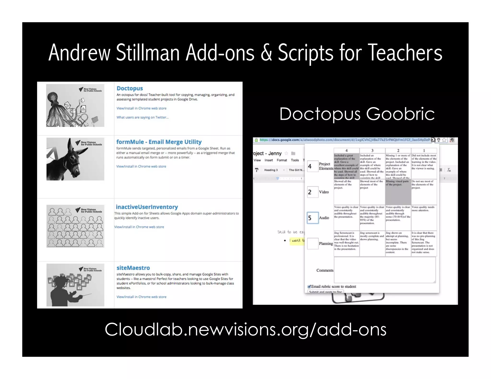 Andrew Stillman Add-ons & Scripts for Teachers
Doctopus Goobric
Cloudlab.newvisions.org/add-ons