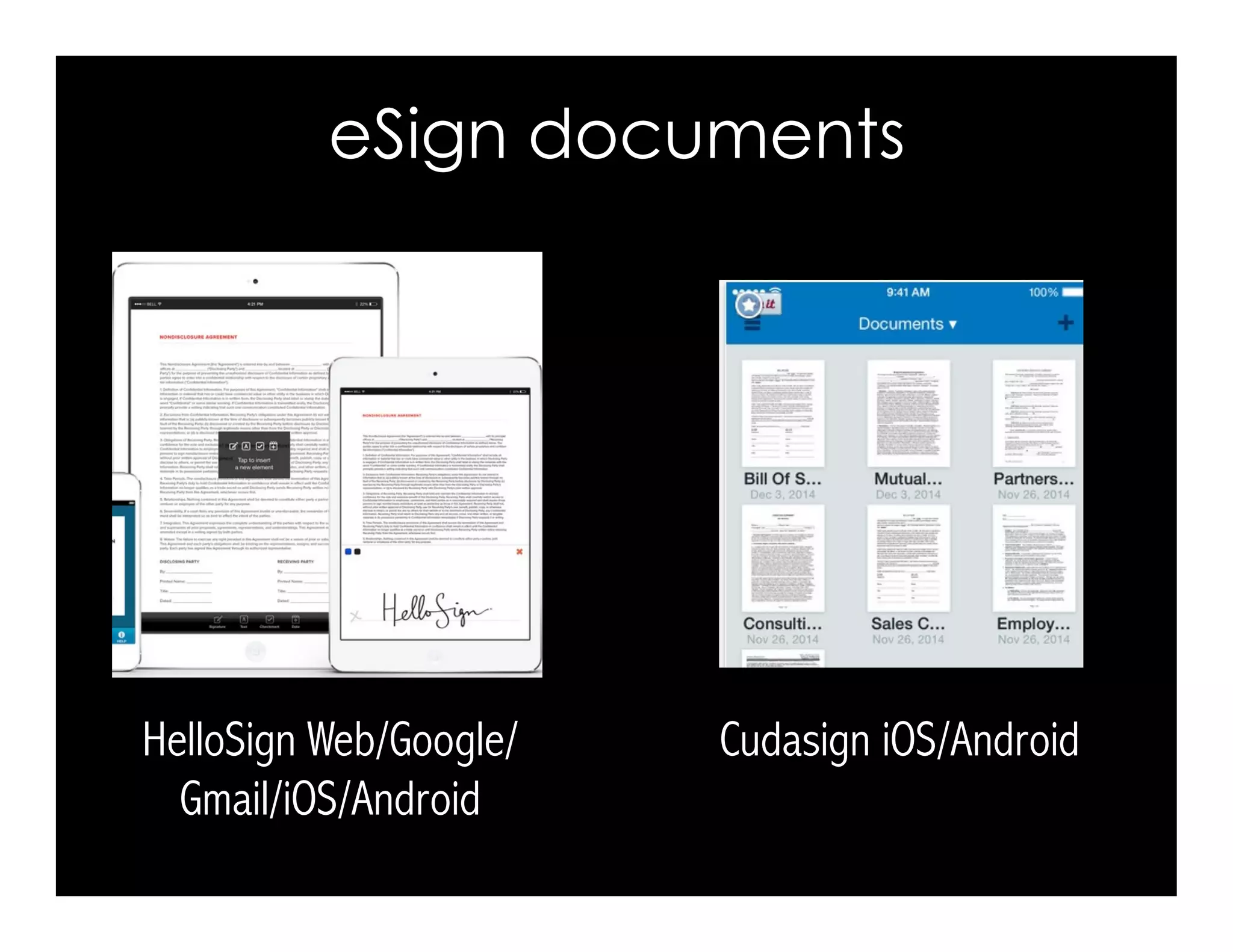 Cudasign iOS/AndroidHelloSign Web/Google/
Gmail/iOS/Android
eSign documents