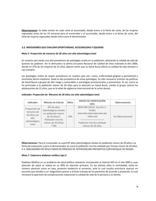 9
Observaciones: Se debe anotar en cada corte el acumulado, desde enero a la fecha de corte, de las mujeres
ingresadas antes de las 14 semanas para el numerador y el acumulado, desde enero a la fecha de corte, del
total de mujeres ingresadas desde enero para el denominador.
3.2. INDICADORES QUE EVALÚAN OPORTUNIDAD, ACCESIBILIDAD Y EQUIDAD
Meta 5. Proporción de menores de 20 años con alta odontológica total
En nuestro país existe una alta prevalencia de patologías orales en la población, afectando la calidad de vida de
quienes las padecen. Así lo demuestra la última Encuesta Nacional de Calidad de Vida realizada el año 2006,
donde un 37% de los mayores de 15 años, dijeron sentir que su Salud Bucal afecta su calidad de vida siempre o
casi siempre.
Las patologías orales de mayor prevalencia en nuestro país son: caries, enfermedad gingival y periodontal y
anomalías dento-maxilares. Dada la alta prevalencia de estas patologías, ha sido necesario orientar las políticas
de Salud Bucal a grupos de alto riesgo y vulnerables a estrategias promocionales y preventivas. Es así, como se
ha priorizado a la población menor de 20 años para la atención en Salud Bucal, siendo el grupo control los
adolescentes de 12 años, que es la edad de vigilancia internacional de la caries dental..
Indicador: Proporción de Menores de 20 años con alta odontológica total
Indicador Método de Cálculo Meta
MEDIO DE VERIFICACIÓN
DEIS
Observaciones
Proporción de
menores de
20 años con
alta
odontológica
total
(Nº de altas
odontológicas totales
en población menor
de 20 años) /
Población inscrita
menor de 20 años)
*100
24%
REM A09 (2015). Sección C.
Celdas
E44+F44+G44+H44+I44+J44
+K44+L44
------------------------------
Población Inscrita validada
menor de 20 años
Sin Observaciones
Observaciones: Para el numerador se usará Nº altas odontológicas totales en población menor de 20 años a la
fecha de evaluación y para el denominador se usará la población inscrita validada por Fonasa menor de 20 años.
3.3. INDICADORES DE RESULTADOS EN PROCESO DE INTERVENCIÓN PREVENTIVA CON ENFOQUE DE RIESGO.
Meta 7. Cobertura diabetes mellitus tipo 2
Diabetes Mellitus es un problema de salud pública relevante, incorporado al sistema GES en el año 2005 y cuya
atención de salud se realiza en un 90% en atención primaria. En los últimos años la mortalidad, tanto en
número absoluto como en tasa, presenta tendencia al aumento, ante lo cual resulta prioritario avanzar en
acciones que tiendan a un diagnóstico precoz y al buen manejo de los pacientes de acuerdo a protocolo, lo cual
retrasará la aparición de complicaciones mejorando la calidad de vida de la persona y su familia.
 