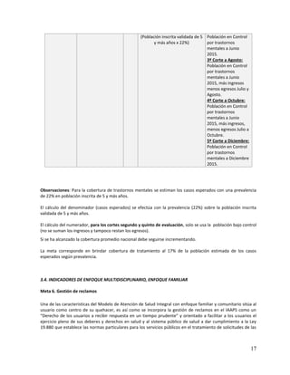 17
(Población inscrita validada de 5
y más años x 22%)
Población en Control
por trastornos
mentales a Junio
2015.
3º Corte a Agosto:
Población en Control
por trastornos
mentales a Junio
2015, más ingresos
menos egresos Julio y
Agosto.
4º Corte a Octubre:
Población en Control
por trastornos
mentales a Junio
2015, más ingresos,
menos egresos Julio a
Octubre.
5º Corte a Diciembre:
Población en Control
por trastornos
mentales a Diciembre
2015.
Observaciones: Para la cobertura de trastornos mentales se estiman los casos esperados con una prevalencia
de 22% en población inscrita de 5 y más años.
El cálculo del denominador (casos esperados) se efectúa con la prevalencia (22%) sobre la población inscrita
validada de 5 y más años.
El cálculo del numerador, para los cortes segundo y quinto de evaluación, solo se usa la población bajo control
(no se suman los ingresos y tampoco restan los egresos).
Si se ha alcanzado la cobertura promedio nacional debe seguirse incrementando.
La meta corresponde en brindar cobertura de tratamiento al 17% de la población estimada de los casos
esperados según prevalencia.
3.4. INDICADORES DE ENFOQUE MULTIDISCIPLINARIO, ENFOQUE FAMILIAR
Meta 6. Gestión de reclamos
Una de las características del Modelo de Atención de Salud Integral con enfoque familiar y comunitario sitúa al
usuario como centro de su quehacer, es así como se incorpora la gestión de reclamos en el IAAPS como un
“Derecho de los usuarios a recibir respuesta en un tiempo prudente” y orientado a facilitar a los usuarios el
ejercicio pleno de sus deberes y derechos en salud y al sistema público de salud a dar cumplimiento a la Ley
19.880 que establece las normas particulares para los servicios públicos en el tratamiento de solicitudes de las
 