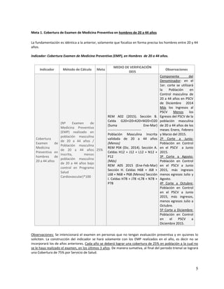 5
Meta 1. Cobertura de Examen de Medicina Preventiva en hombres de 20 a 44 años
La fundamentación es idéntica a la anterior, solamente que focaliza en forma precisa los hombres entre 20 y 44
años.
Indicador: Cobertura Examen de Medicina Preventiva (EMP), en Hombres de 20 a 44 años.
Indicador Método de Cálculo Meta
MEDIO DE VERIFICACIÓN
DEIS
Observaciones
Cobertura
Examen de
Medicina
Preventiva en
hombres de
20 a 44 años
(Nº Examen de
Medicina Preventiva
(EMP) realizado en
población masculina
de 20 a 44 años /
Población masculina
de 20 a 44 años
inscrita, menos
población masculina
de 20 a 44 años bajo
control en Programa
Salud
Cardiovascular)*100
25%
REM A02 (2015). Sección B.
Celda G20+I20+K20+M20+O20
(Suma Ene-Mar)
------------------------------
Población Masculina Inscrita
validada de 20 a 44 años
(Menos)
REM P04 (Dic. 2014). Sección A.
Celdas H12 + J12 + L12 + N12 +
P12
(Más)
REM A05 2015 (Ene-Feb-Mar)
Sección H. Celdas H68 + J68 +
L68 + N68 + P68 (Menos) Sección
I. Celdas H78 + J78 +L78 + N78 +
P78
Componente del
Denominador: en el
1er. corte se utilizará
la Población en
Control masculina de
20 a 44 años en PSCV
de Diciembre 2014
Más los Ingresos al
PSCV Menos los
Egresos del PSCV de la
población masculina
de 20 a 44 años de los
meses Enero, Febrero
y Marzo del 2015.
2º Corte a Junio:
Población en Control
en el PSCV a Junio
2015.
3º Corte a Agosto:
Población en Control
en el PSCV a Junio
2015, más ingresos
menos egresos Julio y
Agosto.
4º Corte a Octubre:
Población en Control
en el PSCV a Junio
2015, más ingresos,
menos egresos Julio a
Octubre.
5º Corte a Diciembre:
Población en Control
en el PSCV a
Diciembre 2015.
Observaciones: Se intencionará el examen en personas que no tengan evaluación preventiva y en quienes lo
soliciten. La construcción del indicador se hará solamente con los EMP realizados en el año, es decir no se
incorporará los de años anteriores. Cada año se deberá lograr una cobertura de 25% en población a la cual no
se le haya realizado el examen, en los últimos 3 años. De manera sumativa, al final del periodo trienal se logrará
una Cobertura de 75% por Servicio de Salud.
 