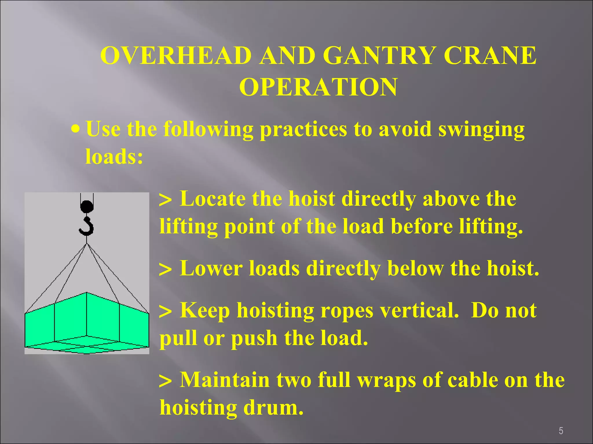 5
OVERHEAD AND GANTRY CRANE
OPERATION
• Use the following practices to avoid swinging
loads:
> Locate the hoist directly above the
lifting point of the load before lifting.
> Lower loads directly below the hoist.
> Keep hoisting ropes vertical. Do not
pull or push the load.
> Maintain two full wraps of cable on the
hoisting drum.
 