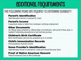 Additional Requirements
The following items are required to determine eligibility:
Parent’s Identification
Valid Nevada’s Driver’s License/I.D. Card
Parent’s Income
4 paycheck stubs or letter from employer verifying employment
Other Documents
An official class schedule or official letter of enrollment, with proof of fees paid, is
needed if attending educational or job training courses.
Children’s Birth Certificate
Birth Confirmation will only be accepted up to 4 months
Child’s Immunization Records
Immunizations must be current
Home Provider’s Identification
Valid Nevada’ Driver’s License/I.D. Card and Social Security Card
Proof of Native American Descent
Tribal Enrollment Card or BIA Certificate
 