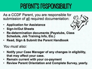 PARENT’s RESPONSIBILITY
As a CCDF Parent, you are responsible for
submission of all required documentation:
• Application for Assistance
• Sign-In/Out Sheets
• Re-determination documents (Paystubs, Class
Schedule, Job Training Info, Etc.)
• Read, Sign & Submit the Parent Handbook
You must also:
• Notify your Case Manager of any changes in eligibility,
that may affect your case.
• Remain current with your co-payment
• Review Parent Orientation and Complete Survey, yearly.
 