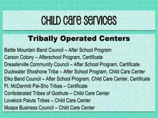 Child Care Services
Tribally Operated Centers
Battle Mountain Band Council – After School Program
Carson Colony – Afterschool Program, Certificate
Dresslerville Community Council – After School Program, Certificate
Duckwater Shoshone Tribe – After School Program, Child Care Center
Elko Band Council – After School Program, Child Care Center, Certificate
Ft. McDermitt Pai-Sho Tribes – Certificate
Confederated Tribes of Goshute – Child Care Center
Lovelock Paiute Tribes – Child Care Center
Moapa Business Council – Child Care Center
 
