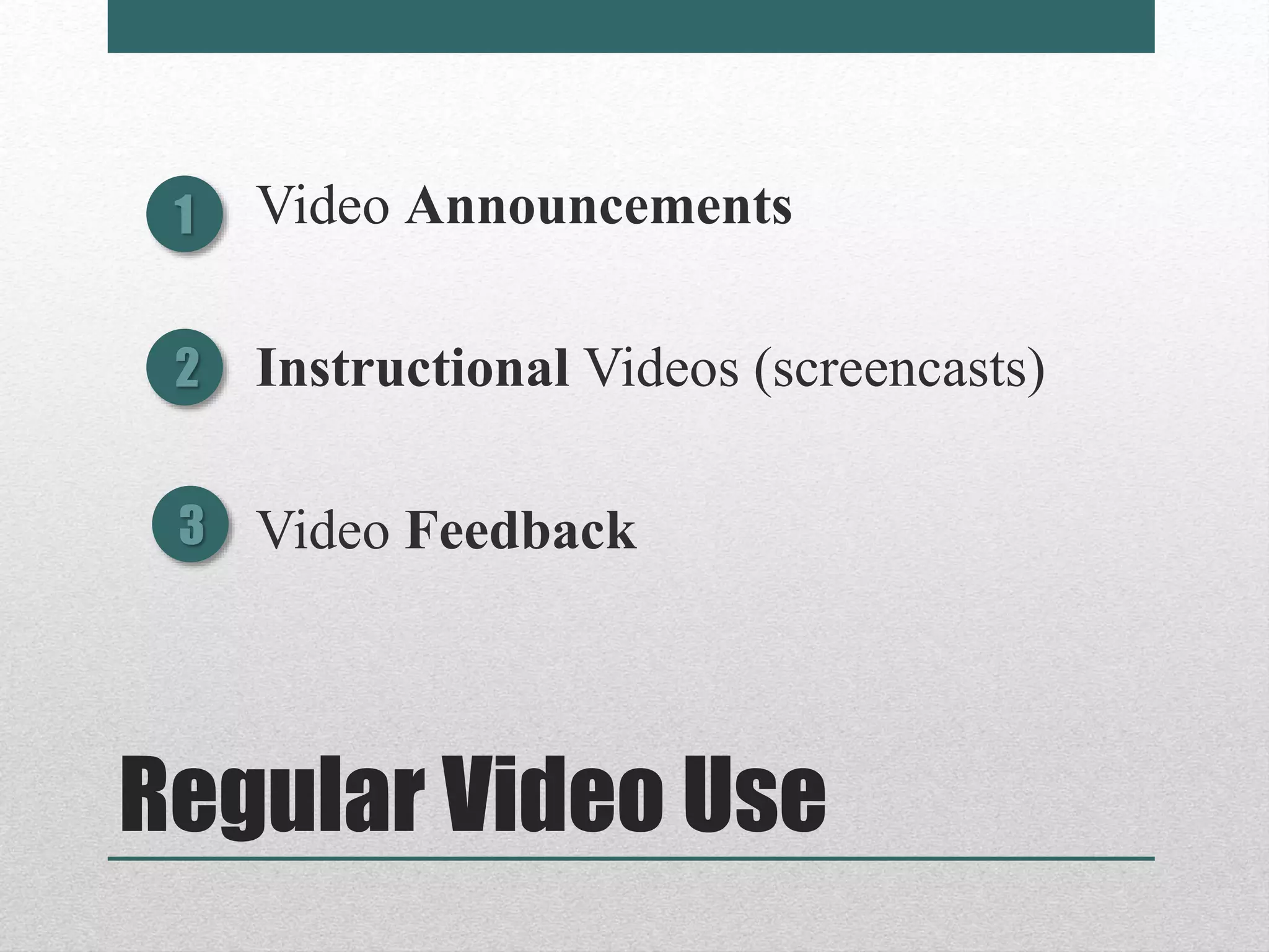 Regular Video Use
Video Announcements
Instructional Videos (screencasts)
Video Feedback
1
2
3
 