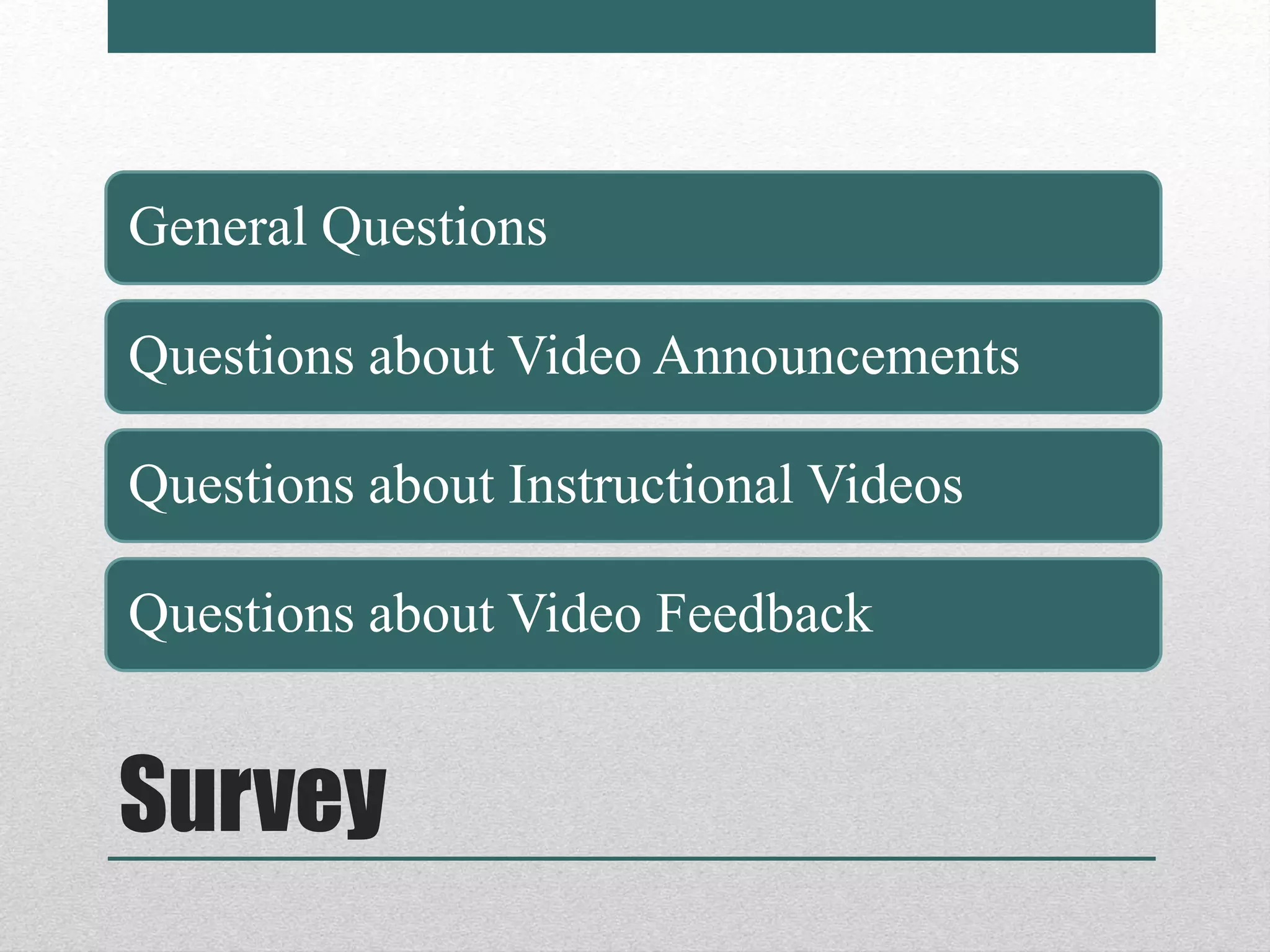 Survey
General Questions
Questions about Video Announcements
Questions about Instructional Videos
Questions about Video Feedback
 