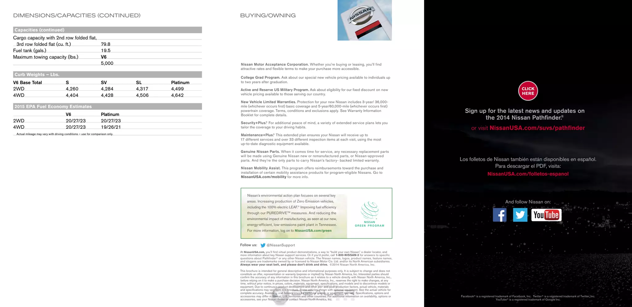 Capacities (continued)
Cargo capacity with 2nd row folded flat,
	 3rd row folded flat (cu. ft.)	 79.8
Fuel tank (gals.)	 19.5
Maximum towing capacity (lbs.)	 V6	
	 5,000 	
	Curb Weights – Lbs.
V6 Base Total	 S	 SV	 SL	 Platinum
2WD			4,260		4,284		4,317		4,499
4WD			4,404		4,428		4,506		4,642
	2015 EPA Fuel Economy Estimates
	 V6	 Platinum		
2WD			 20/27/23	20/27/23		
4WD			20/27/23	19/26/21		
	 Actual mileage may vary with driving conditions – use for comparison only.
Nissan’s environmental action plan focuses on several key
areas. Increasing production of Zero Emission vehicles,
including the 100% electric LEAF.®
Improving fuel efficiency
through our PUREDRIVETM
measures. And reducing the
environmental impact of manufacturing, as seen at our new,
energy-efficient, low-emissions paint plant in Tennessee.
For more information, log on to NissanUSA.com/green
Nissan Motor Acceptance Corporation. Whether you’re buying or leasing, you’ll find
attractive rates and flexible terms to make your purchase more accessible.
College Grad Program. Ask about our special new vehicle pricing available to individuals up
to two years after graduation.
Active and Reserve US Military Program. Ask about eligibility for our fixed discount on new
vehicle pricing available to those serving our country.
New Vehicle Limited Warranties. Protection for your new Nissan includes 3-year/ 36,000-
mile (whichever occurs first) basic coverage and 5-year/60,000-mile (which­ever occurs first)
powertrain coverage. Terms, conditions and exclusions apply. See Warranty Information
Booklet for complete details.
Security+Plus.®
 For additional peace of mind, a variety of extended service plans lets you
tailor the coverage to your driving habits.
Maintenance+Plus.®
 This extended plan ensures your Nissan will receive up to
17 different services and over 33 different inspection items at each visit, using the most
up-to-date diagnostic equipment available.
Genuine Nissan Parts. When it comes time for service, any necessary replacement parts
will be made using Genuine Nissan new or remanufactured parts, or Nissan-approved
parts. And they’re the only parts to carry Nissan’s factory- backed limited warranty.
Nissan Mobility Assist. This program offers reimbursements toward the purchase and
installation of certain mobility assistance products for program-eligible Nissans. Go to
NissanUSA.com/mobility for more info.
Sign up for the latest news and updates on
the 2014 Nissan Pathfinder.®
or visit NissanUSA.com/suvs/pathfinder
Los folletos de Nissan también están disponibles en español.
Para descargar el PDF, visita:
NissanUSA.com/folletos-espanol
And follow Nissan on:
DIMENSIONS/CAPACITIES (CONTINUED) BUYING/OWNING
Facebook® is a registered trademark of Facebook, Inc. Twitter® is a registered trademark of Twitter, Inc.
YouTube® is a registered trademark of Google Inc.
Follow us: @NissanSupport
At NissanUSA.com, you’ll find virtual product demonstrations, a way to “build your own Nissan,” a dealer locator, and
more information about key Nissan support services. Or if you’d prefer, call 1-800-NISSAN-3 for answers to specific
questions about Pathfinder® or any other Nissan vehicle. The Nissan names, logos, product names, feature names,
and slogans are trademarks owned by or licensed to Nissan Motor Co. Ltd. and/or its North American subsidiaries.
Always wear your seat belt, and please don’t drink and drive. ©2014 Nissan North America, Inc.
This brochure is intended for general descriptive and informational purposes only. It is subject to change and does not
constitute an offer, representation or warranty (express or implied) by Nissan North America, Inc. Interested parties should
confirm the accuracy of any information in this brochure as it relates to a vehicle directly with Nissan North America, Inc.,
before relying on it to make a purchase decision. Nissan North America, Inc., reserves the right to make changes, at any
time, without prior notice, in prices, colors, materials, equipment, specifications, and models and to discontinue models or
equipment. Due to continuous product development and other pre- and post-production factors, actual vehicle, materials
and specifications may vary from this brochure. Some vehicles shown with optional equipment. See the actual vehicle for
complete accuracy. Availability and delivery times for particular models or equipment may vary. Specifications, options and
accessories may differ in Hawaii, U.S. territories and other countries. For additional information on availability, options or
accessories, see your Nissan dealer or contact Nissan North America, Inc.
main red
PMS 1795C
C0 M96 Y90 K2
YOUTUBE LOGO SPECS
PRINT
gradient bottom
PMS 1815C
C13 M96 Y81 K54
on dark backgroundson light backgrounds
standard
no gradients
watermark
stacked logo (for sharing only)
standard
no gradients
watermark
stacked logo (for sharing only)
white
WHITE
C0 M0 Y0 K0
black
BLACK
C100 M100 Y100 K100
CLICK
HERE
®
InformationProvidedby:
 