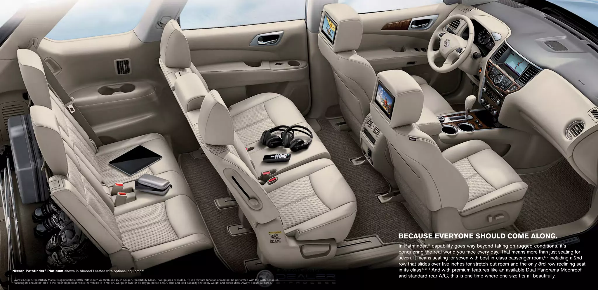 Nissan Pathfinder®
Platinum shown in Almond Leather with optional equipment.
1 Ward’s Large Cross/Utility Market Segmentation. 2015 Pathfinder® vs. 2015 and 2014 Large Cross/Utility Class. 2 Cargo area excluded. 3 Slide forward function should not be performed with the CRS occupied.
4 Passengers should not ride in the reclined position while the vehicle is in motion. Cargo shown for display purposes only. Cargo and load capacity limited by weight and distribution. Always secure all cargo.
BECAUSE EVERYONE SHOULD COME ALONG.
In Pathfinder,®
capability goes way beyond taking on rugged conditions, it’s
conquering the real world you face every day. That means more than just seating for
seven. It means seating for seven with best-in-class passenger room,1, 2
including a 2nd
row that slides over five inches for stretch-out room and the only 3rd-row reclining seat
in its class.1, 3, 4
And with premium features like an available Dual Panorama Moonroof
and standard rear A/C, this is one time where one size fits all beautifully.
InformationProvidedby:
 