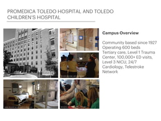 PROMEDICA TOLEDO HOSPITAL AND TOLEDO
CHILDREN’S HOSPITAL
Campus Overview
Community based since 1927
Operating 600 beds
Tertiary care, Level 1 Trauma
Center, 100,000+ ED visits,
Level 3 NICU, 24/7
Cardiology, Telestroke
Network
 