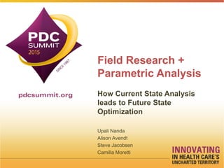 Field Research +
Parametric Analysis
How Current State Analysis
leads to Future State
Optimization
Upali Nanda
Alison Avendt
Steve Jacobsen
Camilla Moretti
 