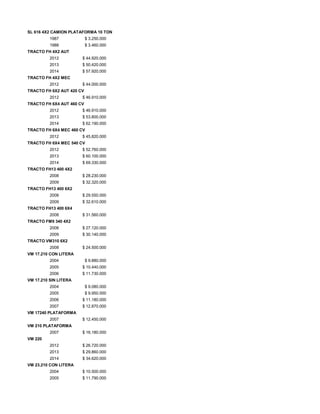 SL 616 4X2 CAMION PLATAFORMA 10 TON
1987 $ 3.250.000
1988 $ 3.460.000
TRACTO FH 4X2 AUT
2012 $ 44.920.000
2013 $ 50.420.000
2014 $ 57.920.000
TRACTO FH 4X2 MEC
2012 $ 44.000.000
TRACTO FH 6X2 AUT 420 CV
2012 $ 46.910.000
TRACTO FH 6X4 AUT 460 CV
2012 $ 46.910.000
2013 $ 53.800.000
2014 $ 62.190.000
TRACTO FH 6X4 MEC 460 CV
2012 $ 45.820.000
TRACTO FH 6X4 MEC 540 CV
2012 $ 52.760.000
2013 $ 60.100.000
2014 $ 69.330.000
TRACTO FH13 400 4X2
2008 $ 28.230.000
2009 $ 32.320.000
TRACTO FH13 400 6X2
2008 $ 29.550.000
2009 $ 32.610.000
TRACTO FH13 400 6X4
2008 $ 31.560.000
TRACTO FM9 340 4X2
2008 $ 27.120.000
2009 $ 30.140.000
TRACTO VM310 6X2
2008 $ 24.500.000
VM 17.210 CON LITERA
2004 $ 9.880.000
2005 $ 10.440.000
2006 $ 11.730.000
VM 17.210 SIN LITERA
2004 $ 9.080.000
2005 $ 9.950.000
2006 $ 11.180.000
2007 $ 12.870.000
VM 17240 PLATAFORMA
2007 $ 12.450.000
VM 210 PLATAFORMA
2007 $ 16.180.000
VM 220
2012 $ 26.720.000
2013 $ 29.860.000
2014 $ 34.620.000
VM 23.210 CON LITERA
2004 $ 10.500.000
2005 $ 11.790.000
 