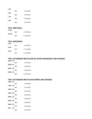 5 M3
1900 $ 2.250.000
6 M3
1900 $ 2.500.000
7 M3
1900 $ 2.600.000
9 M3
1900 $ 2.750.000
TIPO: AMPLIROLL
15 TON
1900 $ 10.000.000
20 TON
1900 $ 12.000.000
TIPO: BASURERO
15 M3
1900 $ 9.500.000
19 M3
1900 $ 11.000.000
21 M3
1900 $ 12.000.000
TIPO: ESTANQUES METALICOS DE ACERO INOXIDABLE (SIN CHASSIS)
16000 LTS
1900 $ 7.000.000
25000 LTS
1900 $ 8.000.000
30000 LTS
1900 $ 9.000.000
32000 LTS
1900 $ 10.000.000
TIPO: ESTANQUES METALICOS FIERRO (SIN CHASSIS)
10000 LTS
1900 $ 3.500.000
11000 LTS
1900 $ 3.750.000
12000 LTS
1900 $ 4.000.000
15000 LTS
1900 $ 4.500.000
20000 LTS
1900 $ 5.000.000
25000 LTS
1900 $ 5.500.000
30000 LTS
1900 $ 6.000.000
7000 LTS
1900 $ 2.500.000
 