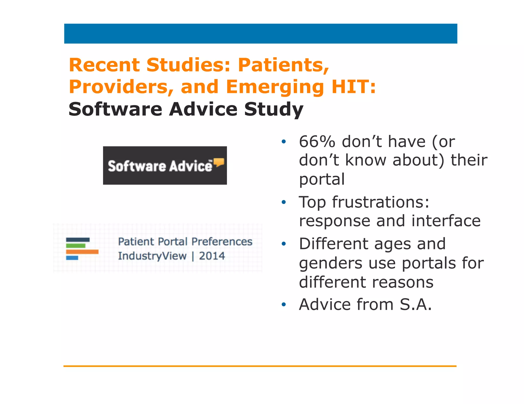 HIT and the Patient Experience
Patient Experience Definitions:
The sum of all interactions shaped by an
organization’s culture that influence patient
perceptions across the continuum of care.
Providing world-class care while addressing the
patient’s physical, educational, emotional, and
spiritual needs.
 