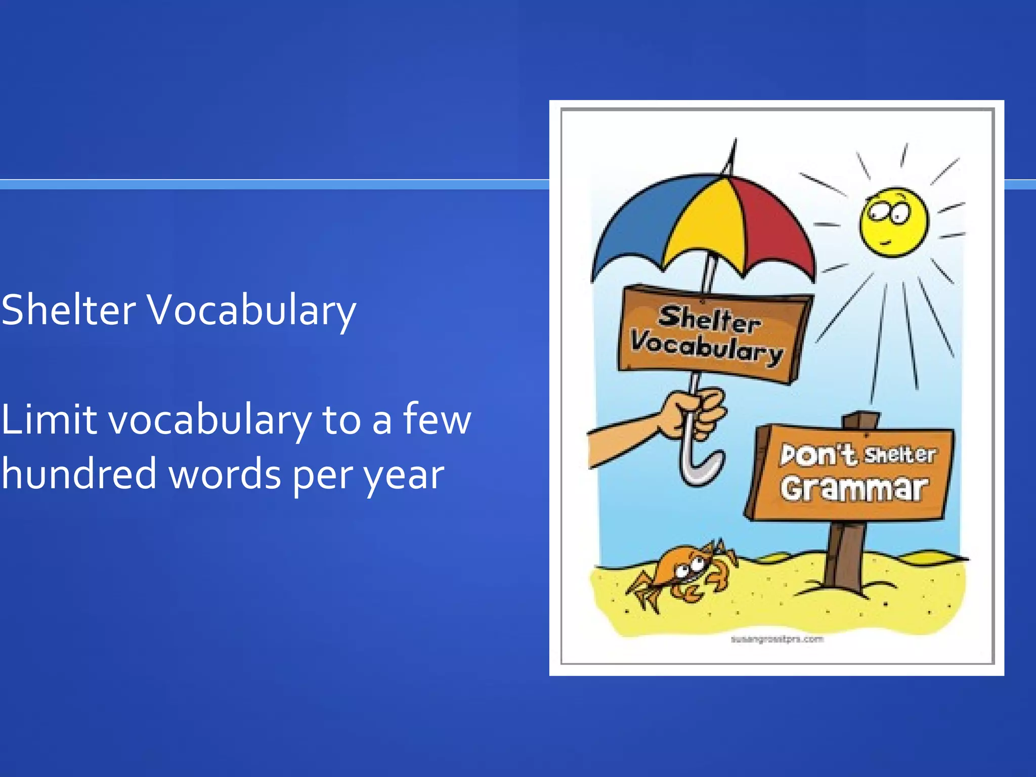 Shelter Vocabulary
Limit vocabulary to a few
hundred words per year
 