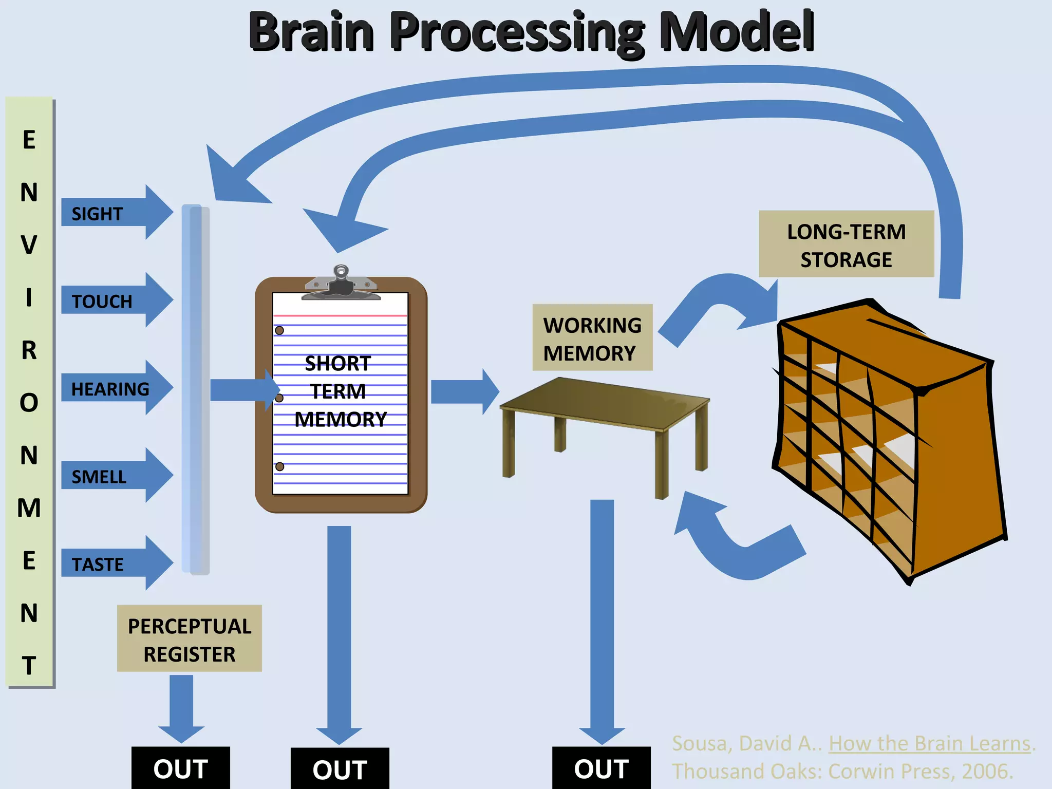 SHORT
TERM
MEMORY
Brain Processing ModelBrain Processing Model
E
N
V
I
R
O
N
M
E
N
T
E
N
V
I
R
O
N
M
E
N
T
HEARING
LONG-TERM
STORAGE
SMELL
SIGHT
TOUCH
TASTE
PERCEPTUAL
REGISTER
OUT OUT OUT
WORKING
MEMORY
Sousa, David A.. How the Brain Learns.
Thousand Oaks: Corwin Press, 2006.
 