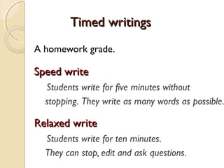 Timed writingsTimed writings
A homework grade.
Speed writeSpeed write
Students write for five minutes without
stopping. They write as many words as possible.
Relaxed writeRelaxed write
Students write for ten minutes.
They can stop, edit and ask questions.
 