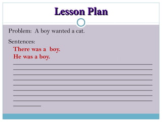 Problem: A boy wanted a cat.
Sentences:
There was a boy.
He was a boy. .
________________________________________
________________________________________
________________________________________
________________________________________
________________________________________
________________________________________
________________________________________
________________________________________
________
Lesson PlanLesson Plan
 