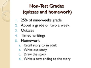 Non-Test GradesNon-Test Grades
(quizzes and homework)(quizzes and homework)
1. 25% of nine-weeks grade
2. About a grade or two a week
3. Quizzes
4. Timed writings
5. Homework
a. Retell story to an adult
b. Write out story
c. Draw the story
d. Write a new ending to the story
 