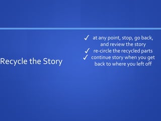 Recycle the Story
✓ at any point, stop, go back,
and review the story
✓ re-circle the recycled parts
✓ continue story when you get
back to where you left off
 