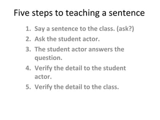 Five steps to teaching a sentence
1. Say a sentence to the class. (ask?)
2. Ask the student actor.
3. The student actor answers the
question.
4. Verify the detail to the student
actor.
5. Verify the detail to the class.
 