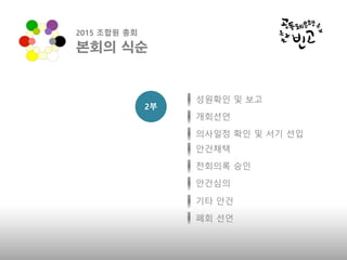 성원확인 및 보고
개회선언
의사일정 확인 및 서기 선입
안건채택
전회의록 승인
안건심의
기타 안건
폐회 선언
2부
본회의 식순
2015 조합원 총회
 