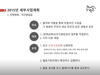 1. 지역연대 – 지구분담금
 
1. 출자와 이용을 통해 만들어진 수입을
그 원래의 주인인 세상 만인과 모든 생명과 공유
   
  1. (잉여금에서)지구분담금의 일부를 적립한다. 
  2. 기타 다른 재원
  1. 빈고 유효조합원이 신청하면
연대하고자 하는 외부의 공동체, 단체, 주체, 현장 등에 대한
정보와 함께 구체적인 연대 활동 계획을 제안
  2. 활동가회의에서 확인하고 집행한다.
  3. 활동 경과를 빈고 홈페이지를 통해 공유한다.
 
목표
재원
운영
2015년 세부사업계획
 