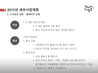 2015년 세부사업계획
3. 소식공유 강화 – 홈페이지 운영
1. 더 많은 공유지 확보
2. 더 많은 출자와 이용 확보
3. 결국, 지도에 무수히 많은 마커를 만들자!
그러기 위해서
1. 홍보 강화
1. 조합원이 빈고 활동/소식을 접하기 쉽게
2. 당신이 무엇을 검색하든 오고 보니 빈고다.
2. 편의 확보
1. 상임 활동가 품 줄이기.
2. 빈고 데이터 베이스 구축 - 조합원 개인 페이지에서
출자활동과 이용활동을 어쩌면 실시간으로 확인할 수 있음
3. 나중엔 빈고 뱅킹이 가능할지도.
목표
필요
 