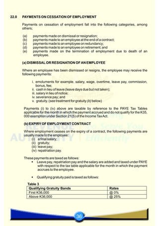 36
22.0 PAYMENTS ON CESSATION OF EMPLOYMENT
Payments on cessation of employment fall into the following categories, among
others;
(a) payments made on dismissal or resignation;
(b) payments made to an employee at the end of a contract;
(c) payments made to an employee on redundancy;
(d) payments made to an employee on retirement; and
(e) payments made on the termination of employment due to death of an
employee.
(a) DISMISSALOR RESIGNATION OFAN EMPLOYEE
Where an employee has been dismissed or resigns, the employee may receive the
following payments:
i. emoluments for example. salary, wage, overtime, leave pay, commission,
bonus, fee;
ii. cash in lieu of leave (leave days due but not taken);
iii. salary in lieu of notice;
iv. severance pay; and
v. gratuity. (see treatment for gratuity (b) below)
Payments (i) to (iv) above are taxable by reference to the PAYE Tax Tables
applicable for the month in which the payment accrued and do not qualify for the K35,
000 exemption under Section 21(5) of the IncomeTaxAct.
(b) EXPIRYOF EMPLOYMENT CONTRACT
Where employment ceases on the expiry of a contract, the following payments are
usually made to the employee:
(i) a final salary;
(ii) gratuity;
(iii) leave pay;
(iv) repatriation pay.
These payments are taxed as follows:
§Leave pay, repatriation pay and the salary are added and taxed under PAYE
with respect to the tax table applicable for the month in which the payment
accrues to the employee.
§Qualifying gratuity paid is taxed as follows:
Table 3
Qualifying Gratuity Bands Rates
First K36,000 @ 0%
Above K36,000 @ 25%
 