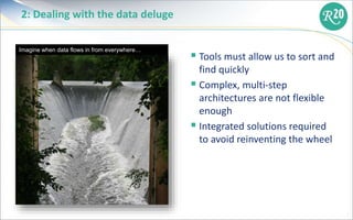 2: Dealing with the data deluge
 Tools must allow us to sort and
find quickly
 Complex, multi-step
architectures are not...