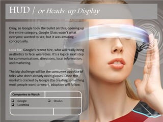 Okay, so Google took the bullet on this, opening up
the entire category. Google Glass wasn’t what
everyone wanted to see, ...
