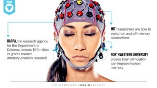 DARPA, the research agency
for the Department of
Defense, invests $40 million
in grants toward !
memory-creation research
NOW
MIT researchers are able to
switch on and off memory
associations


Northwestern University
proves brain stimulation
can improve human
memory

 