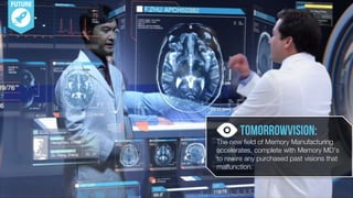FUTURE
TomorrowVision: 
The new ﬁeld of Memory Manufacturing
accelerates, complete with Memory MD’s !
to rewire any purchased past visions that
malfunction.
 