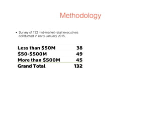 Methodology
•  Survey of 132 mid-market retail executives
conducted in early January 2015.
Less than $50M 38
$50-$500M 49
More than $500M 45
Grand Total 132
 