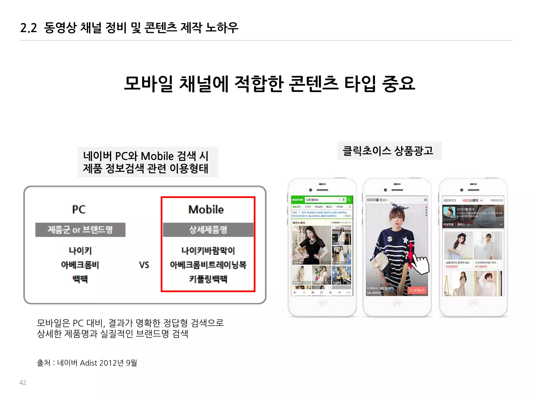 42
출처 : 네이버 Adist 2012년 9웏
모바일 채널에 적합한 콘텐츠 타입 중요
네이버 PC와 Mobile 검색 시
제품 정보검색 관렦 이용형태
모바읷은 PC 대비, 결과가 명확한 정답형 검색으로
상세한 제품명과 실질적읶 브랚드명 검색
2.2 동영상 채널 정비 및 콘텐츠 제작 노하우
클릭초이스 상품광고
 