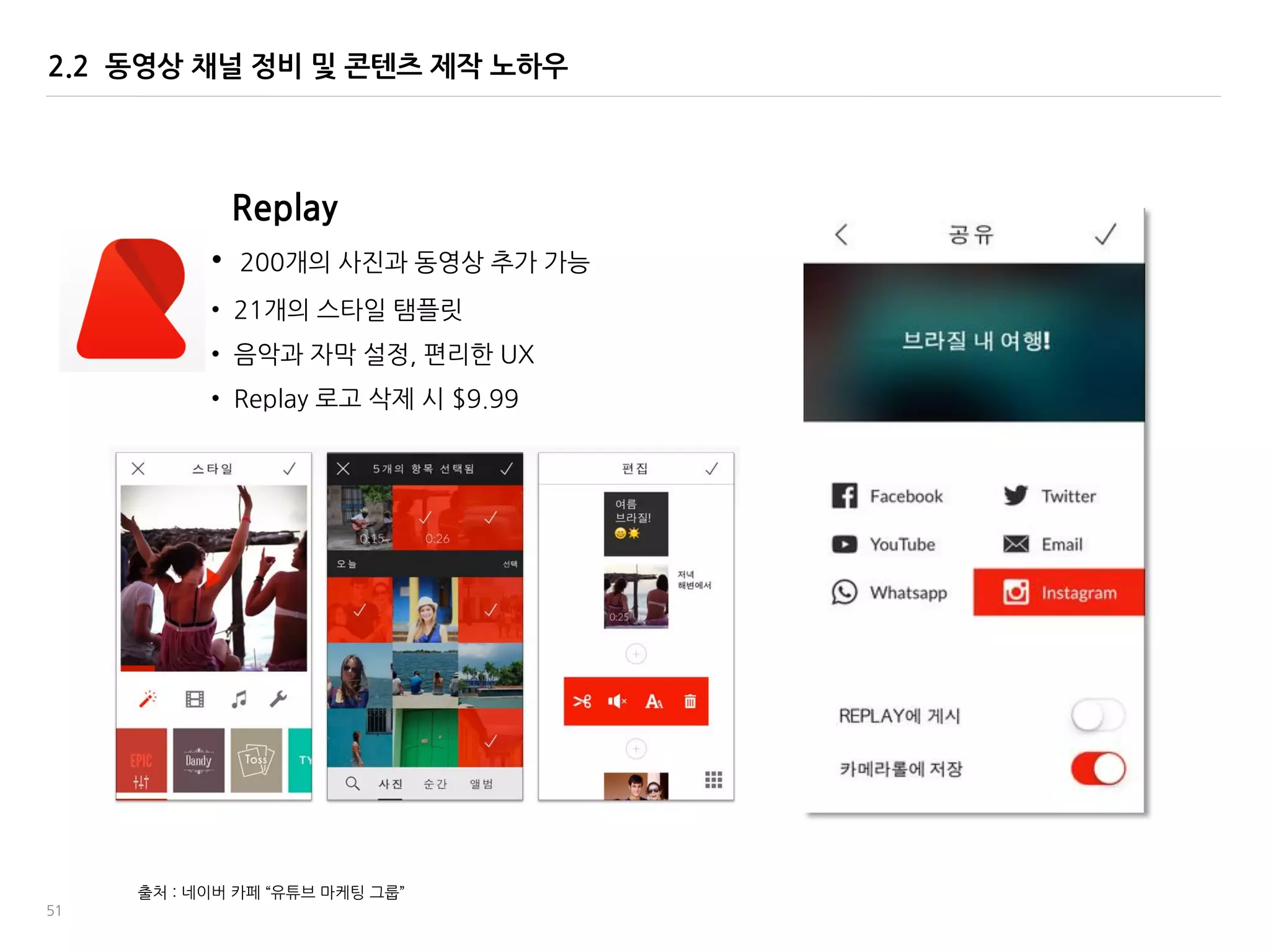 51
Replay
• 200개의 사짂과 동영상 추가 가능
• 21개의 스타읷 탬플릾
• 음악과 자링 설정, 편리한 UX
• Replay 로고 삭제 시 $9.99
2.2 동영상 채널 정비 및 콘텐츠 제작 노하우
출처 : 네이버 카페 ‚유튜브 맀케팅 그룹‛
 