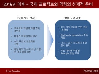 © Lee, Sungdae POSTECH GEM
2016년 이후 – 국제 프로젝트와 역량의 선제적 준비
• 프로젝트 개발에 따른 장기
계약화
• 다중의 이해관계자 관리
• 수익 구조의 프로젝트
진행
• 특정 계약 양식이 아닌 다양
한 계약 형태 대비
• 장기 계약 관리를 위한 전문
가 양성
• Multi-party Negotiation 주도
역량
• 리스크 관리 선진화와 컨틴
전시 관리
• 모든 계약에 적용될
Principle 중심 교육
[향후 사업 전망] [향후 필요 역량]
 