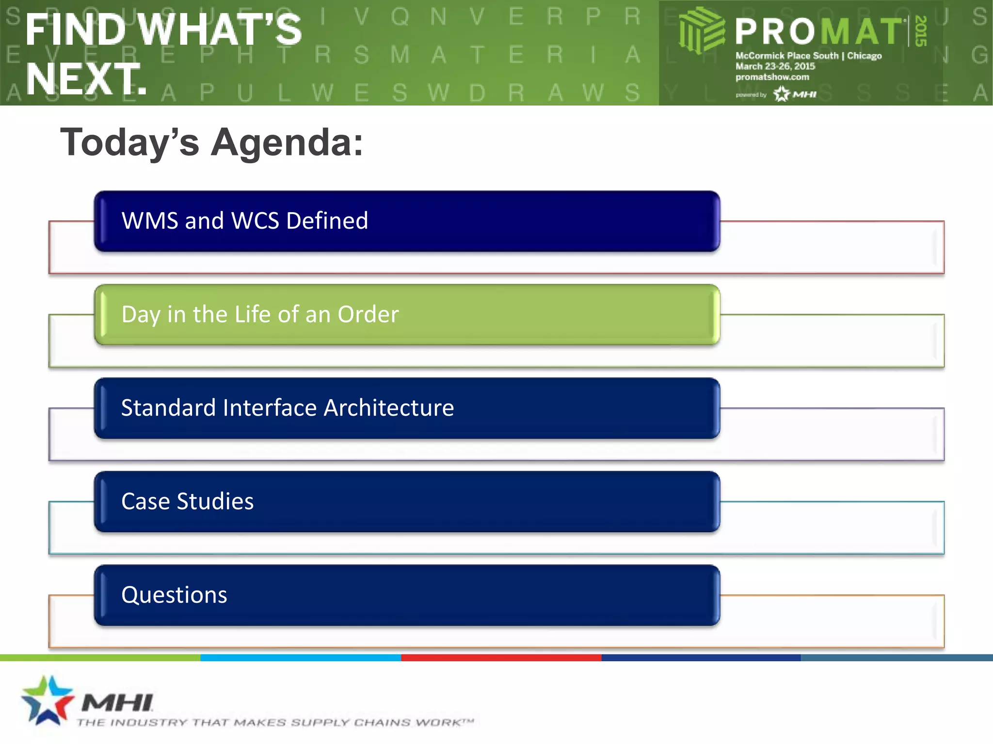 Today’s Agenda:
WMS and WCS Defined
Day in the Life of an Order
Standard Interface Architecture
Case Studies
Questions
 