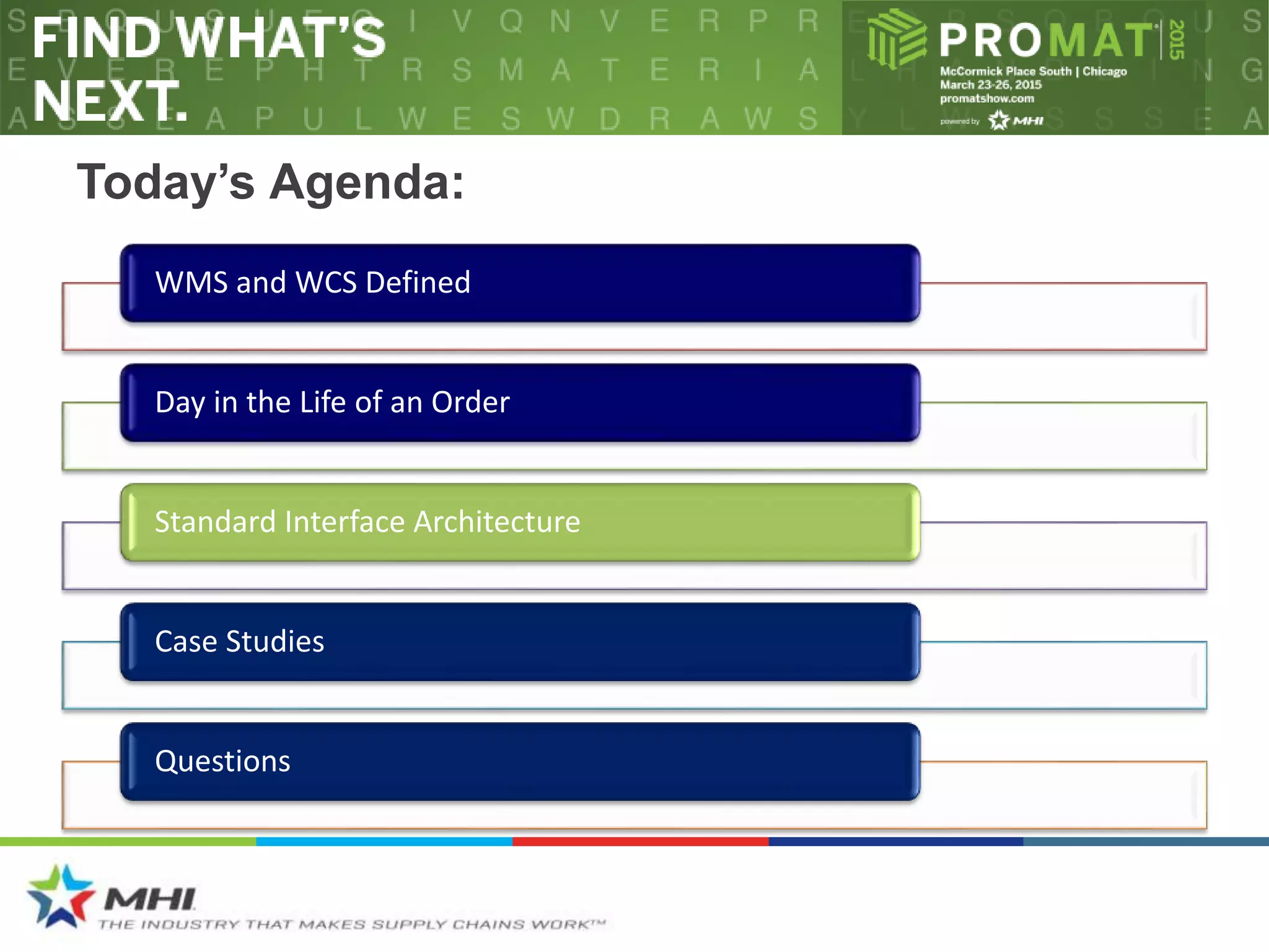 Today’s Agenda:
WMS and WCS Defined
Day in the Life of an Order
Standard Interface Architecture
Case Studies
Questions
 