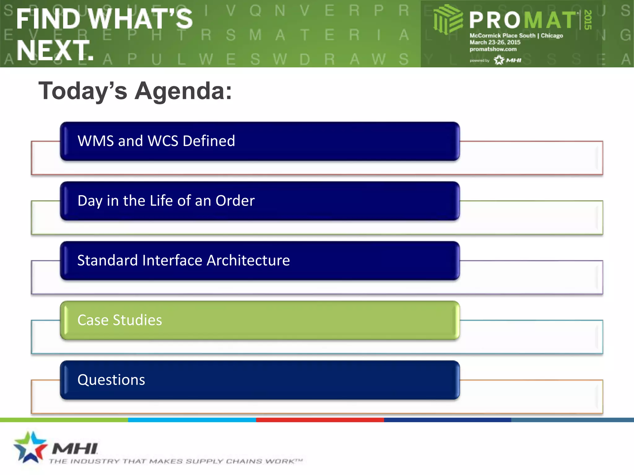Today’s Agenda:
WMS and WCS Defined
Day in the Life of an Order
Standard Interface Architecture
Case Studies
Questions
 